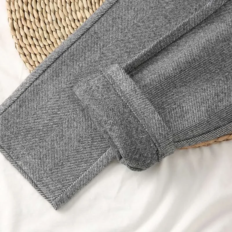 2024 New Large Size Woolen Blend Stripe Pants Female Elegant Work Wear Trousers Women High Waist Slim Winter Korean Pencil Pants