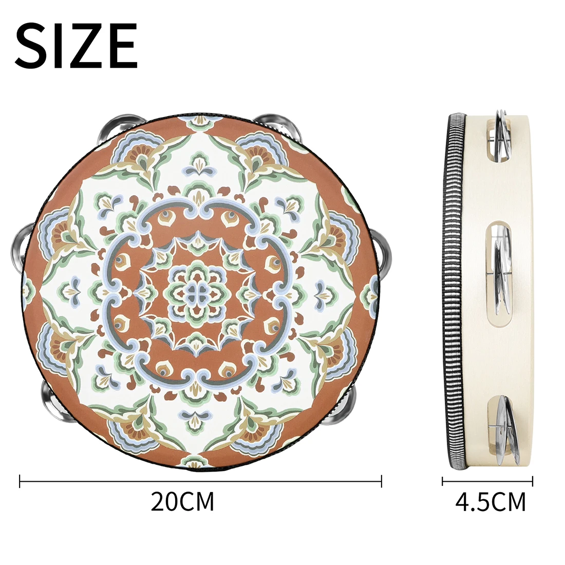 8 Inch Tambourine Hand Drum Dunhuang Style Stainless Steel Bells Drums Percussion Musical Instruments Orff Classic Flower Drums
