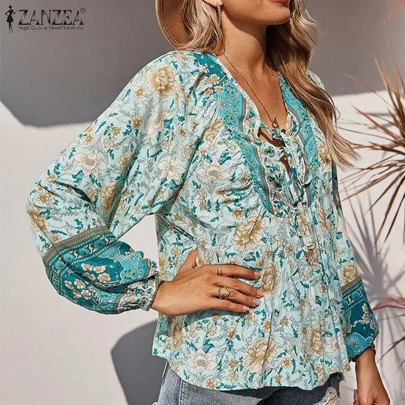 ZANZEA – tunique à manches longues et col en V pour femmes, chemisier imprimé Floral bohème, décontracté, élégant, Chemise de fête, printemps, 2022