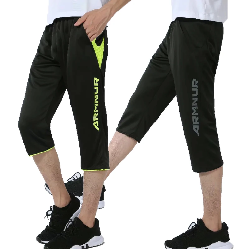 3/4 Men Sports Football Pants Zipper Pockets Athletic Football Soccer Training Sport Pants Elasticity Legging Jogging Gym