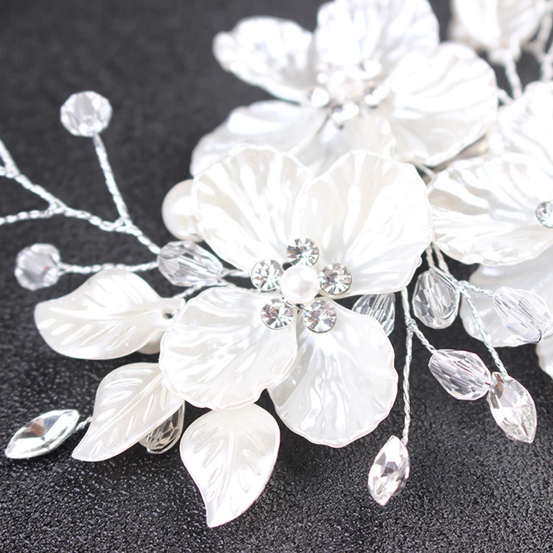 Bridal Tiara White Shell Petals Handmade Pearl Crystal Hairpin Decoration
