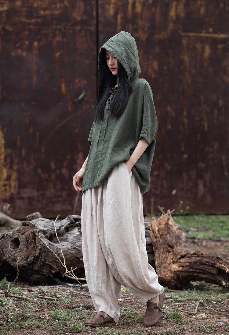 Johnature Women Bloomers Pants Solid Color Elastic Waist Spring Ramie Trouser Pockets 2025 New Loose Women Vintage Long Pants