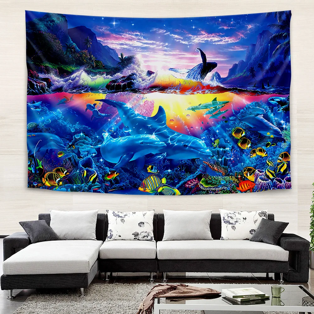 

Mountain Underwater World Sea Fish Dolphin Tapestry Wall Hanging Kawaii Boho Hippie Aesthetic Room Art Marine Animal Home Decor