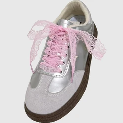 Elegant Black and White Lace Shoelaces - 140cm (Pink  shoelaces)