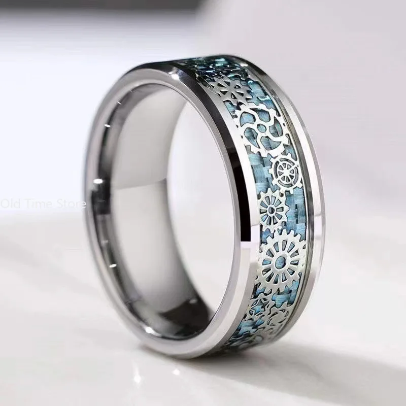 Fashion Men's 8mm Gold Color Groove Beveled Edge Tungsten Wedding Carbon Fiber Ring Punk Gear Wheel Stainless Steel Ring For Men wedding rings