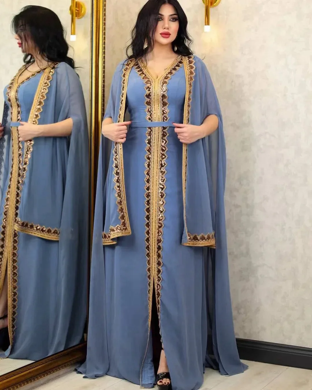 Dubai Party Dresses for Women Abaya Chiffon Sequins Muslim Dress Caftan 2 Piece Set Eid Kaftan Cloak Robe Suit Jalabiya Ramadan