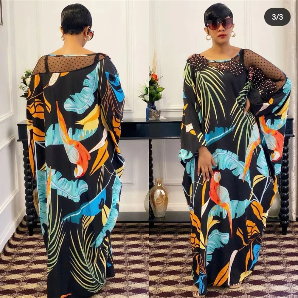 

Digital Printed Mesh Bat-sleeved Beaded Loose Round Neck Gown Plus-size Women's Dress 2551