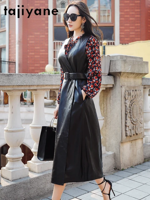 Tajiyane Natural Genuine Leather Vest Women Mid-length Top Layer Sheepskin Trench Coat Woman Leather Vests Autumn Clothes Belt