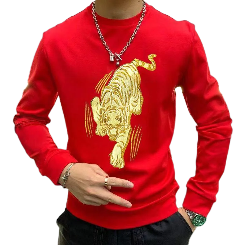 Men's hoodies Spring and Autumn Distinctive Fashion Slim-fit Tiger Print Fashionable Handsome Long-sleeved Sweatshirts Top