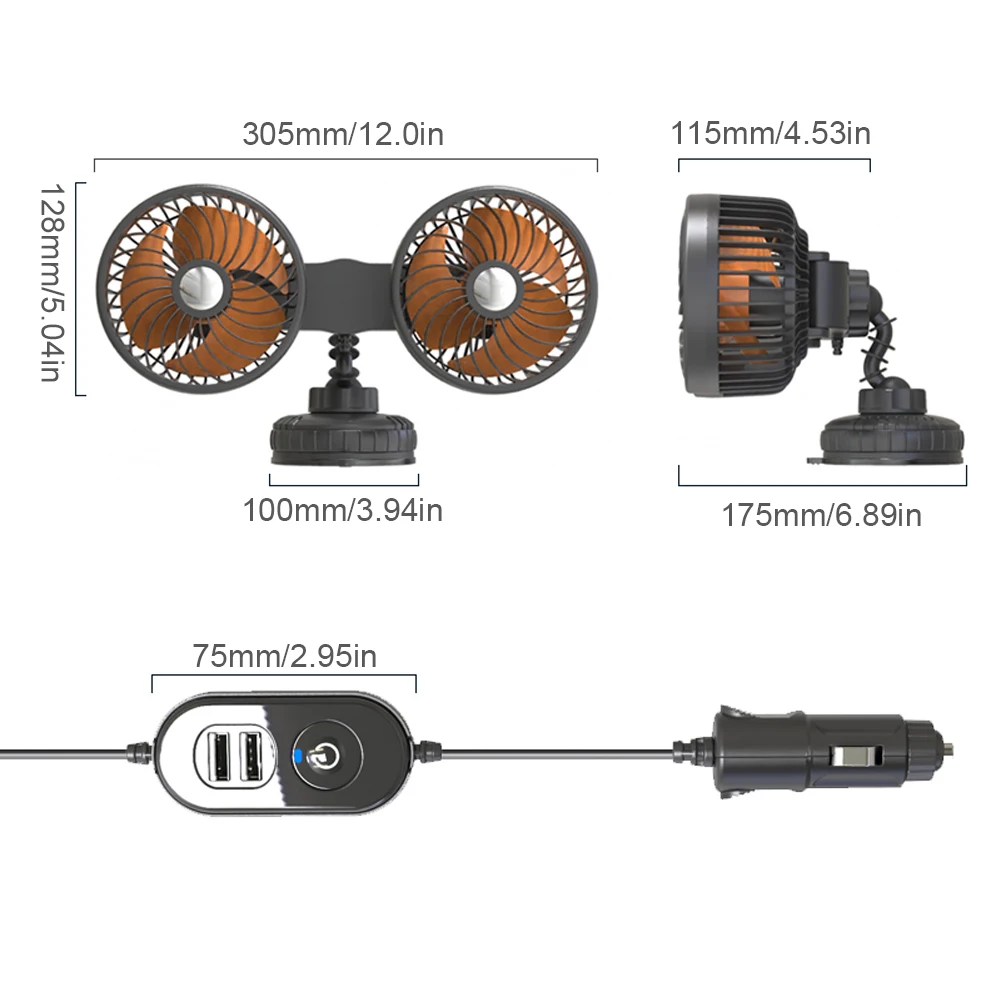 차량용 전기 선풍기 흡입 컵, USB 충전, 자동 환기 선풍기, 차량용 에어 쿨러, 가정용, 12V, 24V, 360 도 회전