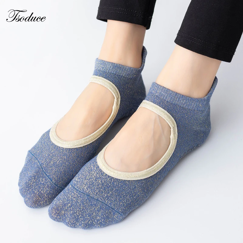 

Women Yoga Sock Gold Lurex Anti-Slip Backless Breathable Cotton Fitness Pilates Ballet Dance Slippers Sports Socks for Gym