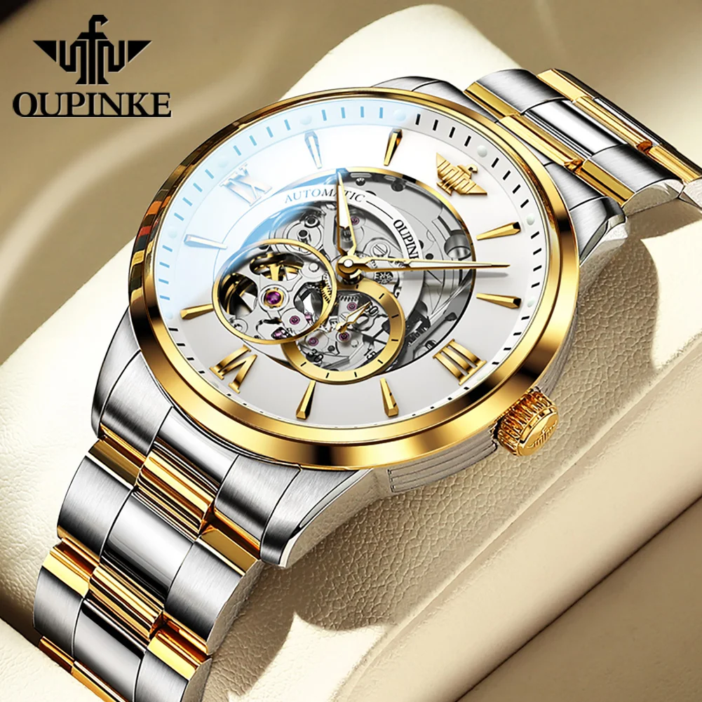 

OUPINKE New Luxury Men's Wristwatch Waterproof Luminous Sapphire Tungsten Steel Skeleton Automatic Mechanical Men's Watch Gift