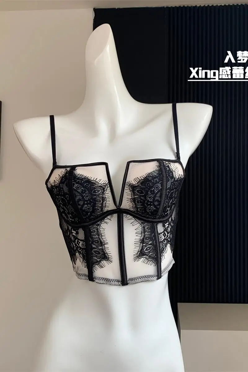 

Women's Sexy Lace Top 90S Spicy Girl Y2K Design Sense Hollow Fish Bone High Street Chest Black and White Strap Tank Top