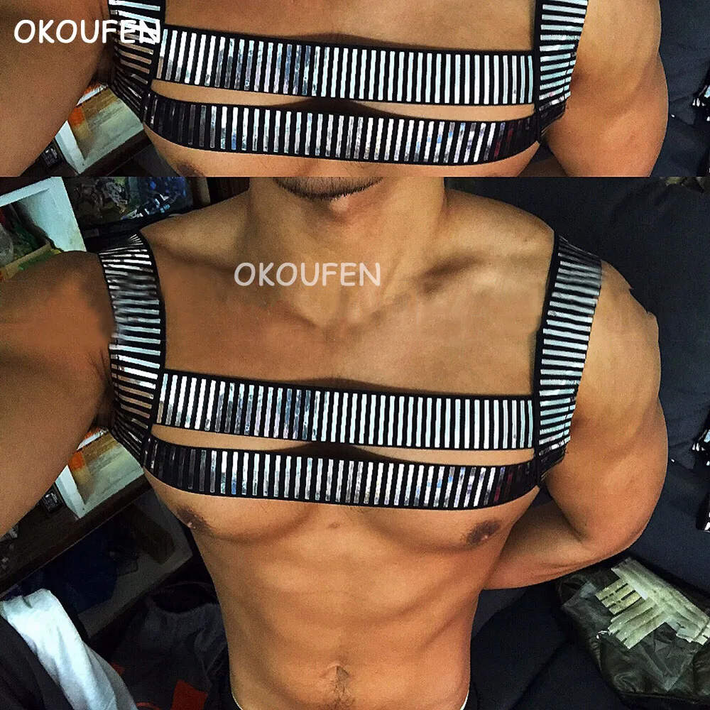

Men's Sexy Mirror Metal Stretch Chest Strap Vest Party Stage Clothing Nightclub Bar Men's DS Costume