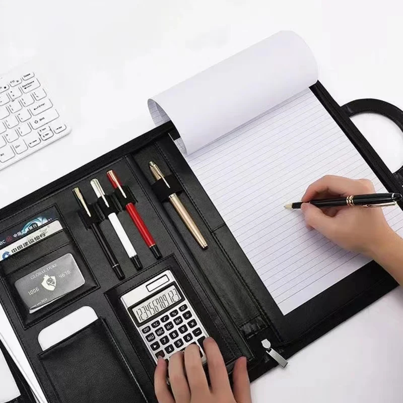 여성용 비즈니스 서류 가방 접이식 손잡이 가죽 지퍼 노트북 계산기 파일 문서 정리함, A4 포트폴리오 폴더