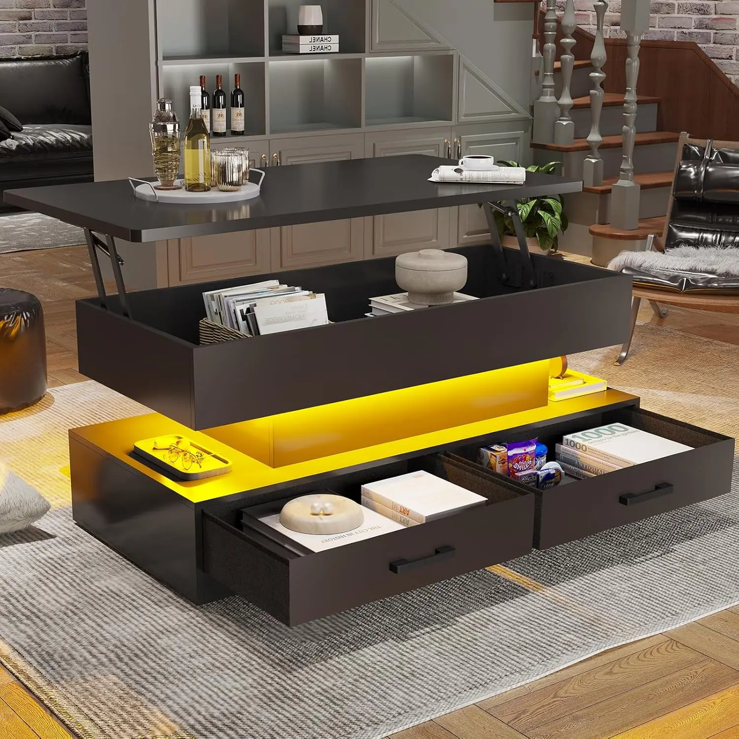 40" Lift Top Coffee Table, Coffee Tables with Storage for Living Room, Small Coffee Table with 2 Fabric Drawers Black 3