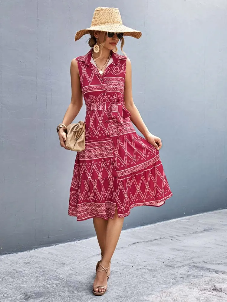 

2023 Summer Sleeveless Shirt Dress Women Print Boho Midi Dresses Ladies Print Button A Line Dress Female Summer Dress