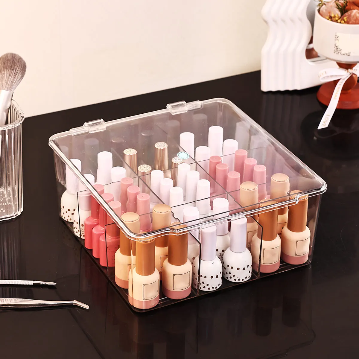 Transparente Aufbewahrungsbox für Nagellack – Klappdeckel, geeignet für Lippenstift, Parfüm, Essenz, großes Fassungsvermögen für 9 Fächer_voghion.com