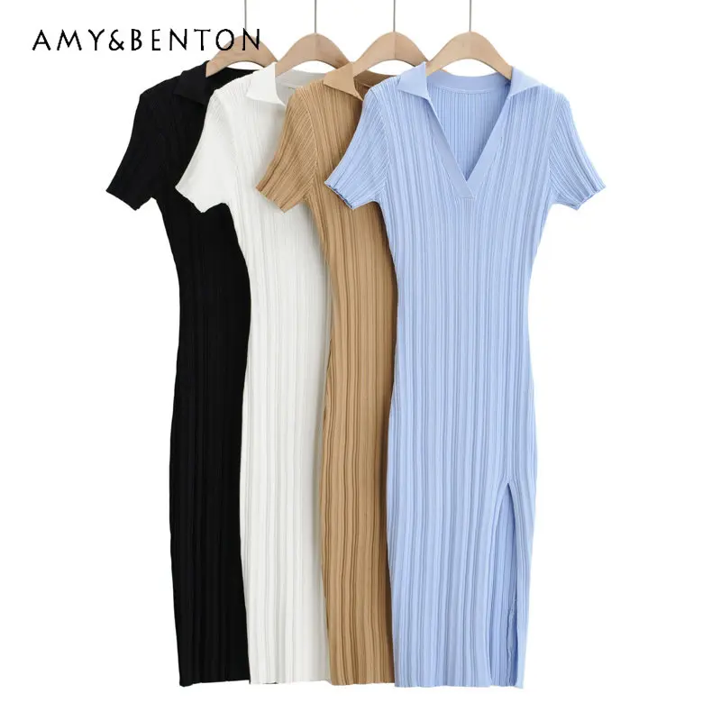 

Women's Clothing New Solid Color Short Sleeve Pullover Sunken Stripe Elastic Slim Fit Slimming Hem Knitted Slit Dress for Women