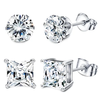 1-2 Pairs Hypoallergenic 316L Stainless Steel Square Round CZ Stud Earrings Sensitive Ear Studs Jewelry Set for Men Women 3-8MM 1