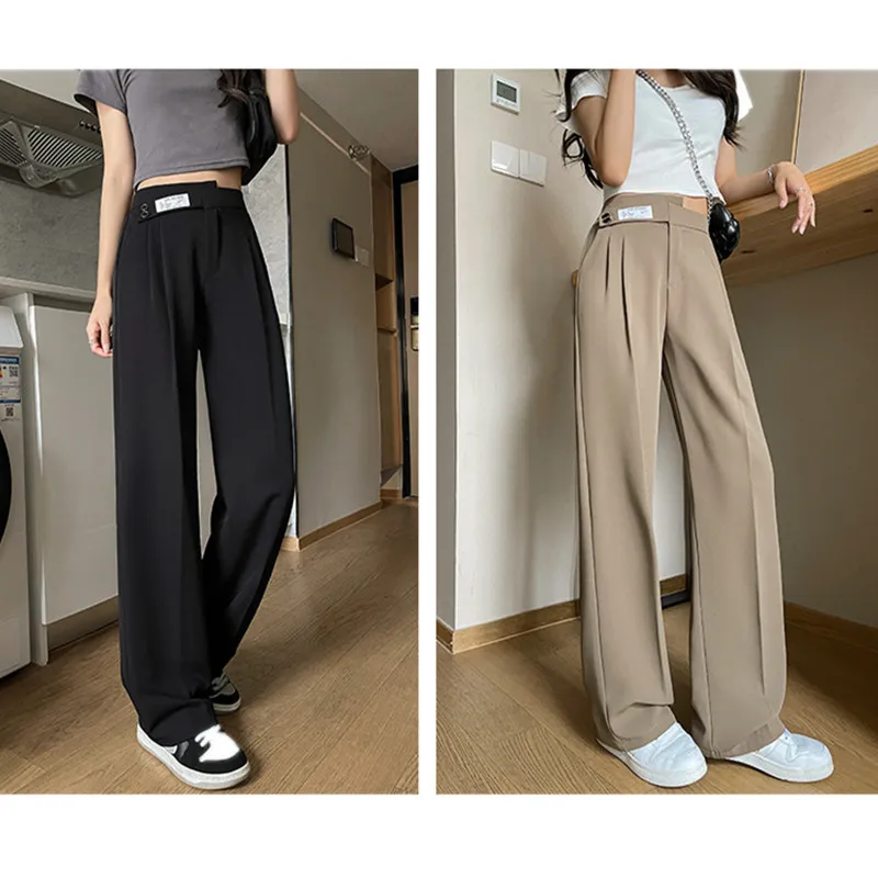 Korean Style Women Elegant Wide Leg Suit Pants Fashion Black