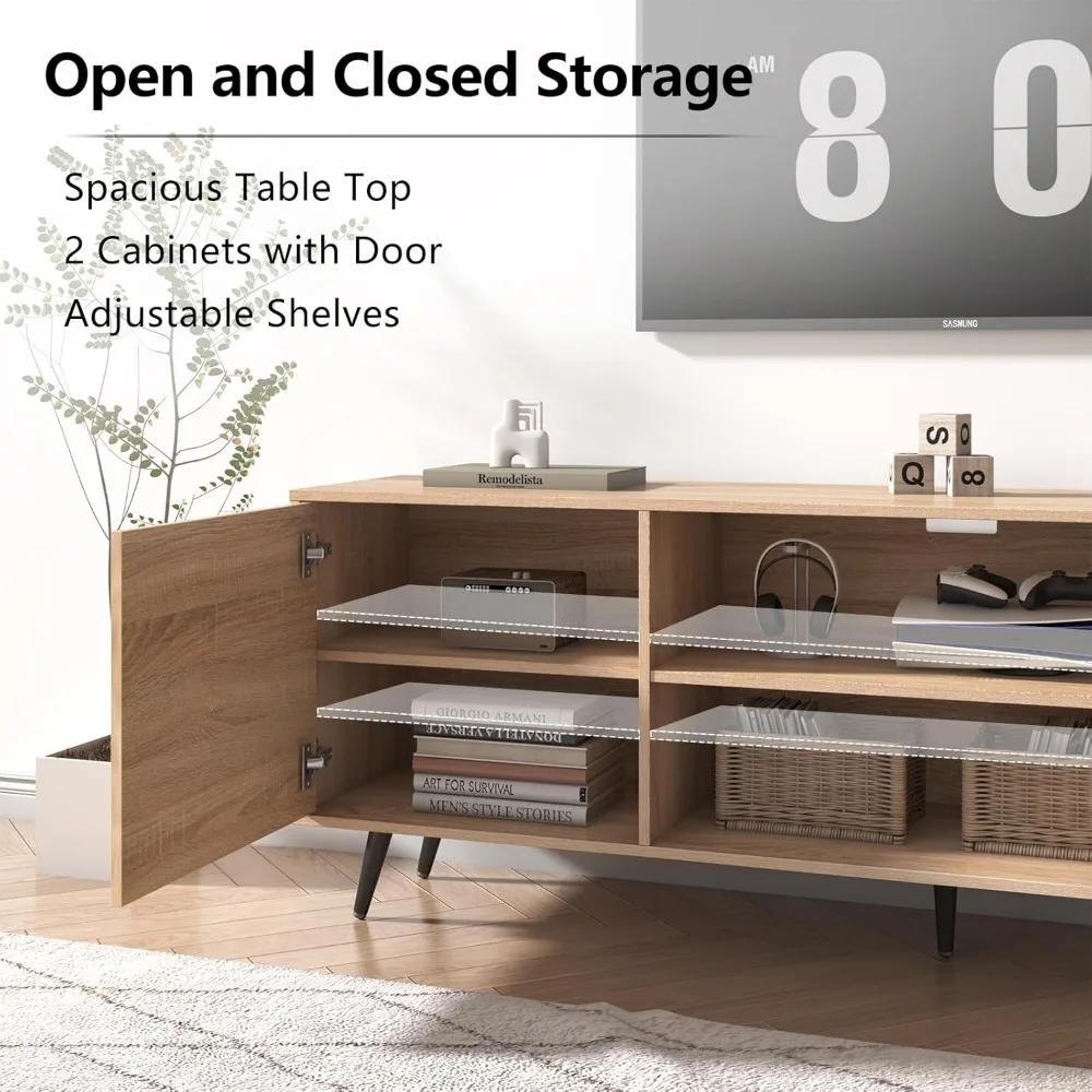 70 Inch Mid Century Modern TV Stand for 75 Inch TV, Wood TV Stand with Storage, Entertainment Center for Living Room Bedroom 5