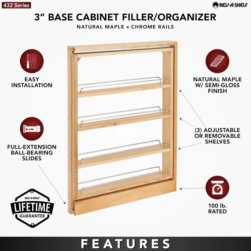 Pullout Shelf Organizer for Base Kitchen or Bathroom Cabinets, Wood Filler Pantry Storage or Spice Rack, Maple, 3" x 23" x 30" 5