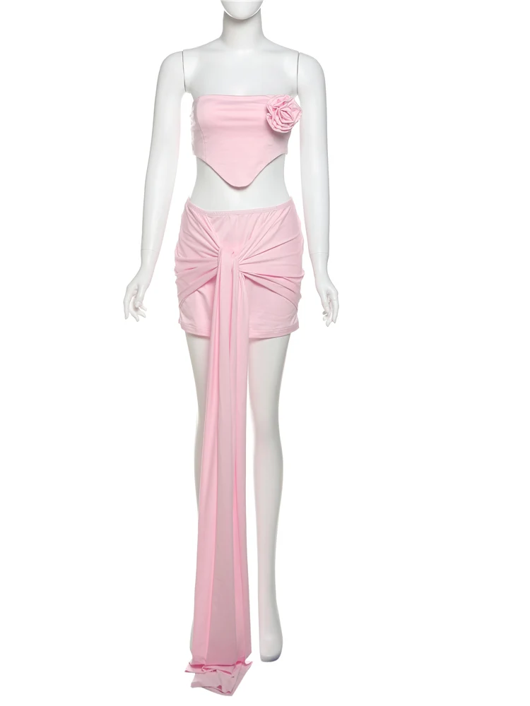 Nibber Sweet Y2K Women 2 Piece Set Flowers Applique Strapless Corset Top+Cross Knot Ribbon Skirt Summer Party Matching Suits