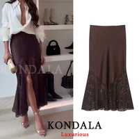 KONDALA Vintage Chic Chocolate Brown Satin Skirts Front Split Lace Midi Skirts Fashion 2025 Evening Club Party Women Long Skirts