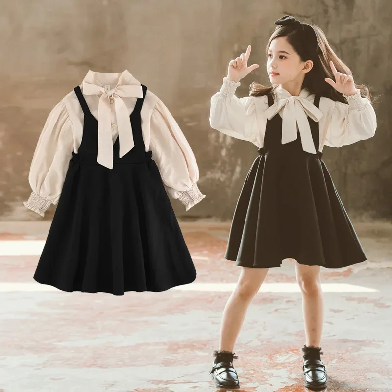 

Teenage Girls Clothing Spring Autumn Bow V-Neck Blouse and Suspender Dress Sets Children Elegant Girls Clothes Suit Kids Outfits