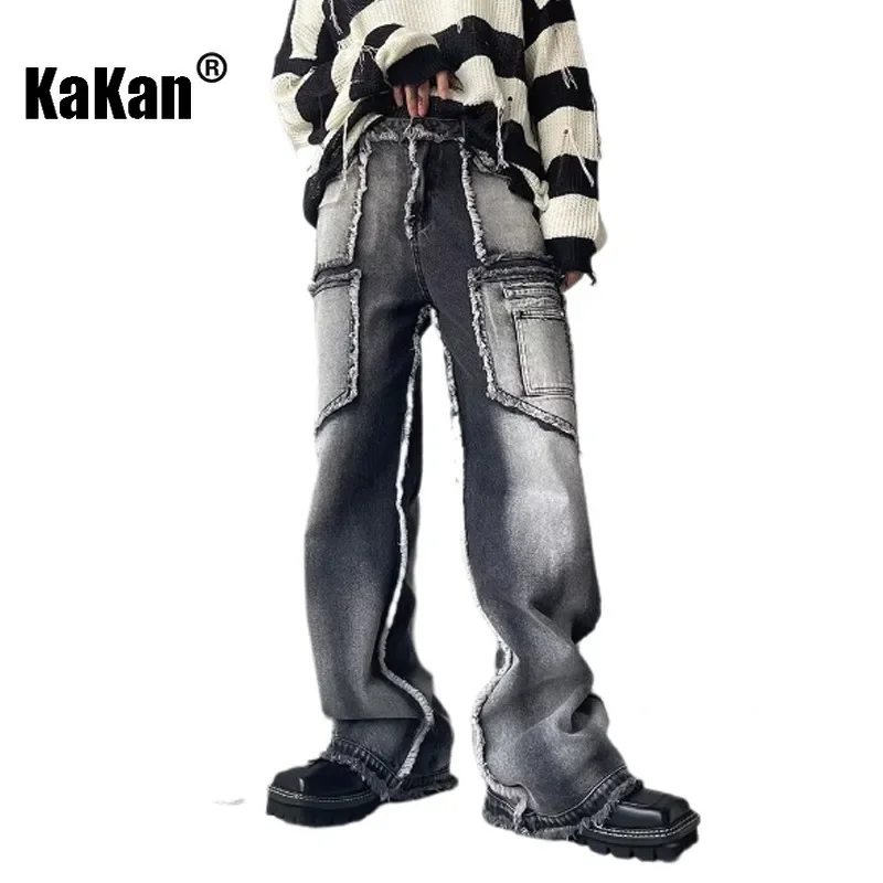 Kakan - European and American New Niche Design Denim Jeans for Men, Loose Straight Leg with Ruffled Edges K27-b3490