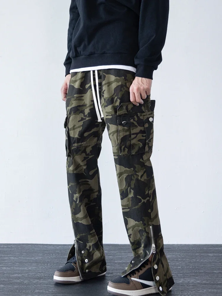 782 American Style Hip Hop Trendy Personality Design Flared Pants Zipper Retro Camouflage High Street Straight Trousers For Man