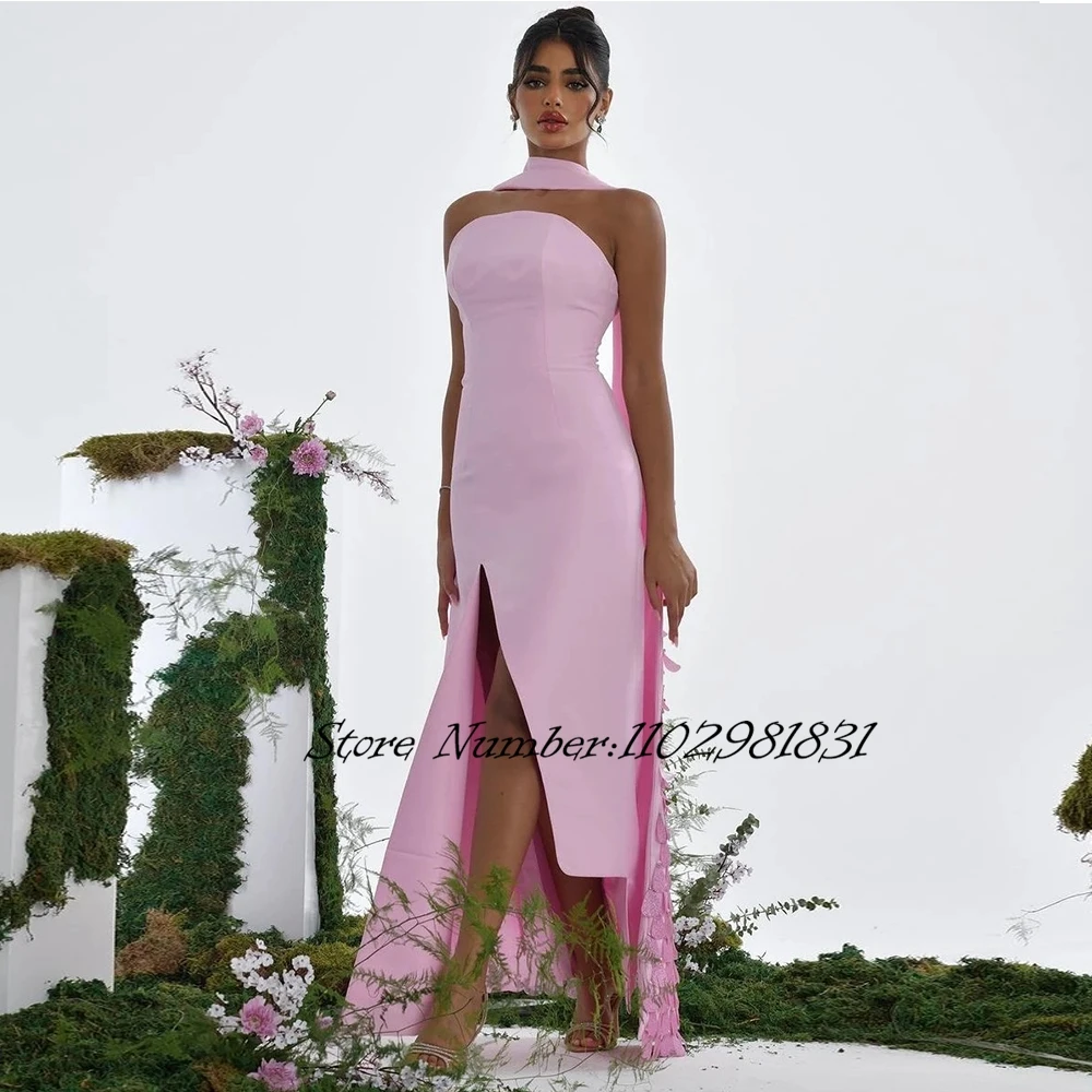 

Pink Modern Asymmetrical Side Slit Sexy Prom Dresses with 3D-Applique Wraps Vestidos De Noche Zipper Back Evening Dress