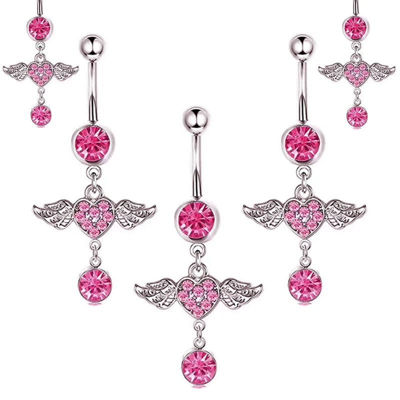 

pink dangle long belly button rings wholesales 50pcs angel wings navel piercing jewelry belly navel kit for women