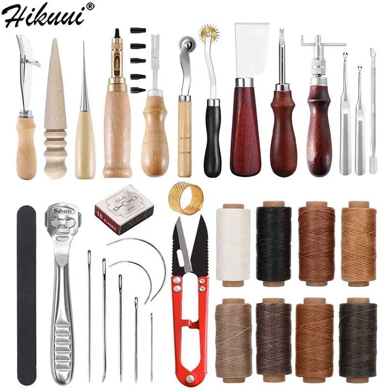 Cheap 18Pcs Leather Sewing Tools Craft DIY Hand Stitching Kit with Groover  Awl Waxed Thimble