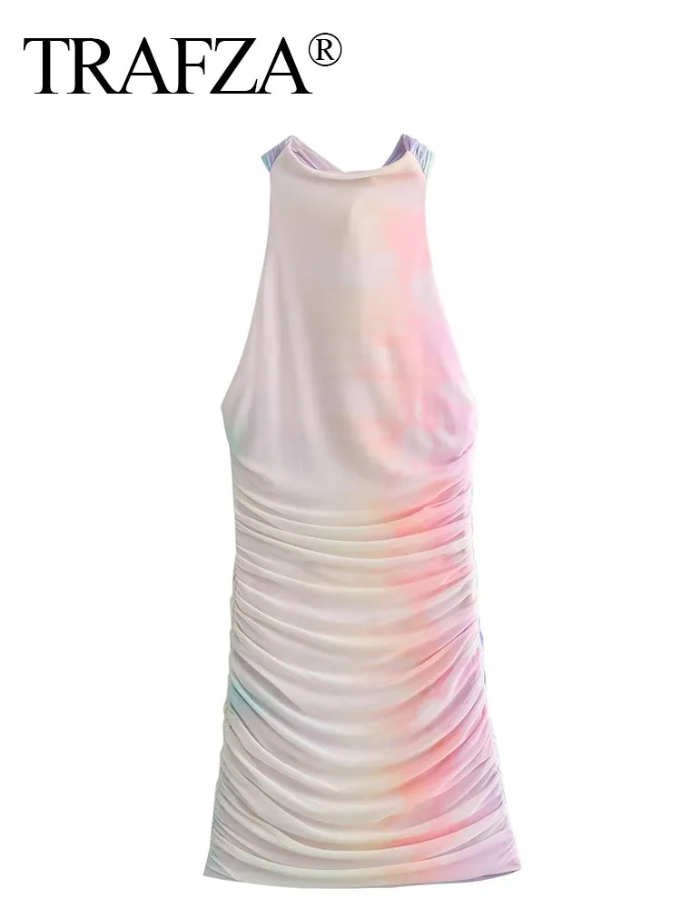 

TRAFZA Woman New 2024 Summer Tulle Gradient Tie-dye Draped Slim Mini Dress Chic Sexy Ruched Backless Short Dresses Mujer