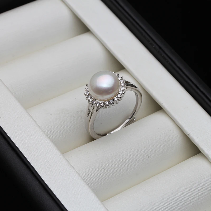 Wedding black pearl rings for women,real 925 sterling silver jewelry girls best gift adjustable natural freshwater pearl ring