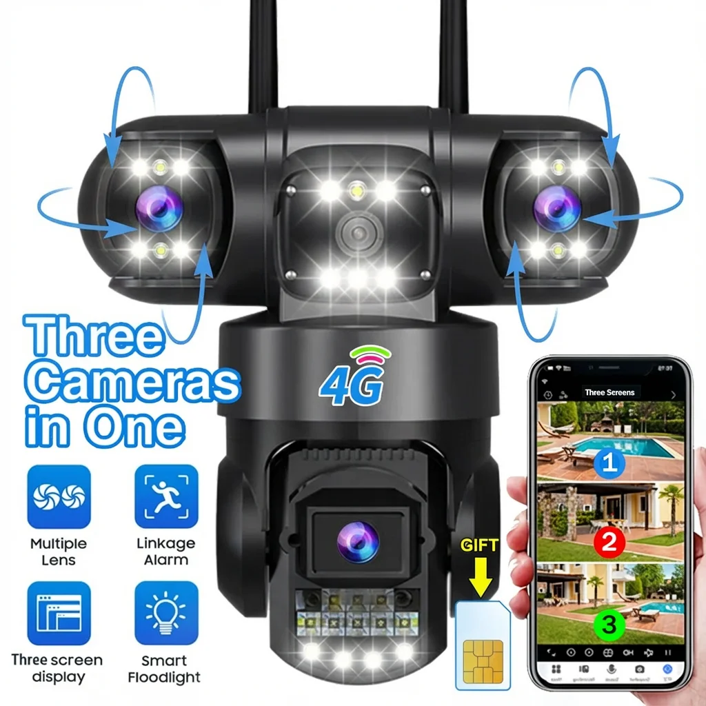 V380Pro 4G 카메라 심 GSM WIFI 캠 12MP 6K 3렌즈 3화면 모니터 야간 투시경 보안 PTZ 비디오 감시 카메라