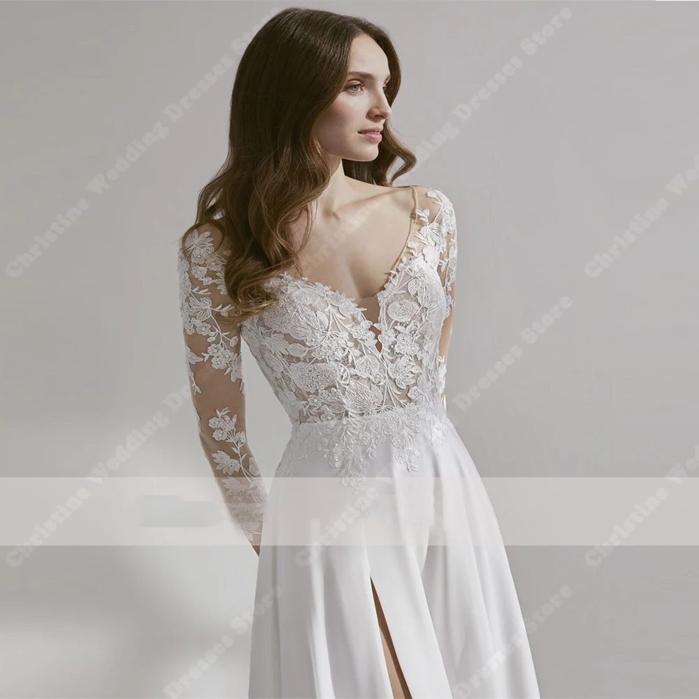 Pure White V-Neck Women Wedding Dresses A-Line Bridal Gowns Modern Bright Lace Print Mopping Length Vestidos De Novia Customized 3