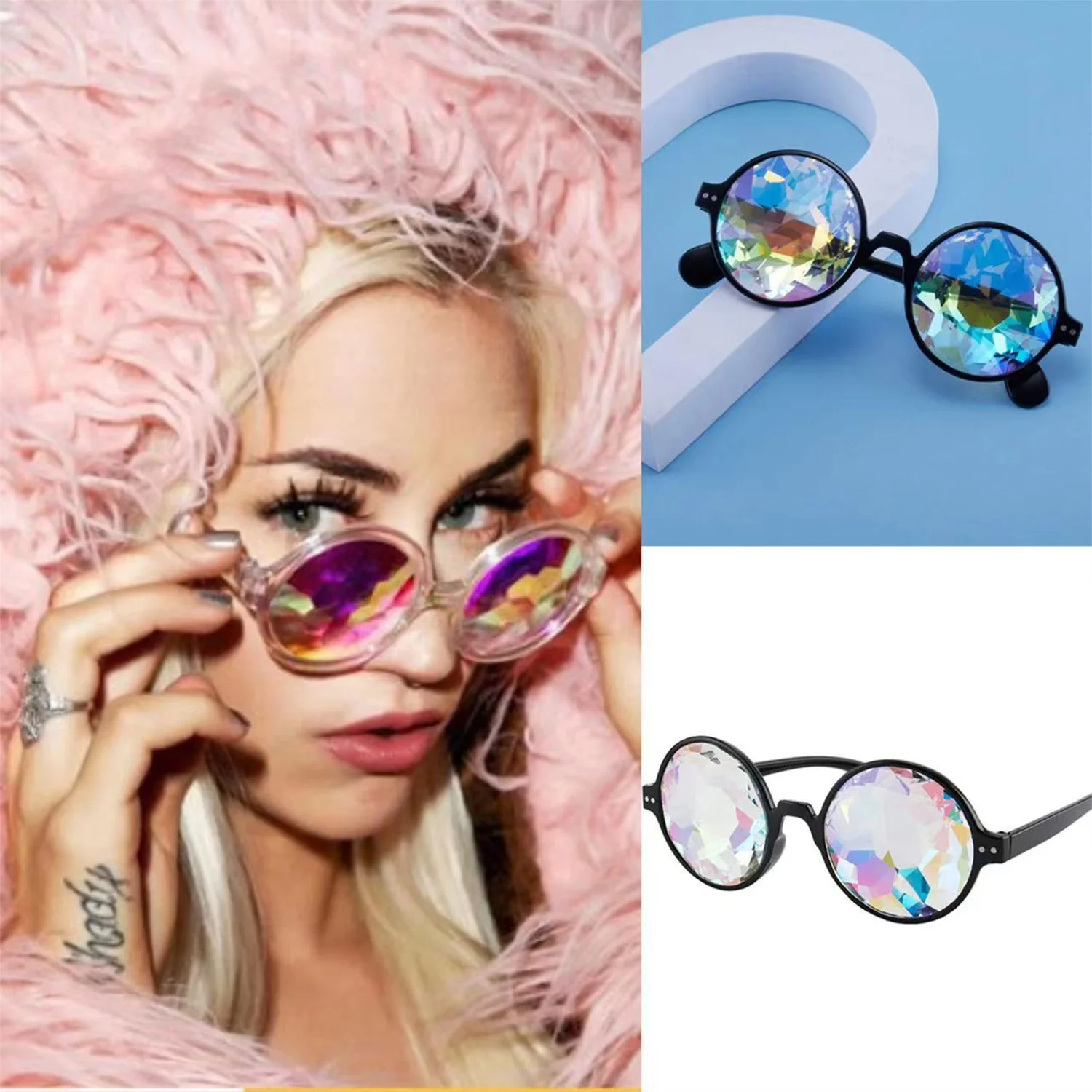 

1pc Clear Round Glasses Kaleidoscope Eyewears Crystal Lens Party Rave Sunglasses Female Men's Glasses Party Queen Gifts Hot