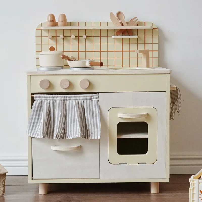 Wooden Children's Simulation Play House Nordic Style Kitchen Refrigerator Washing Machine Mini Cooking Doll Room Set Toys