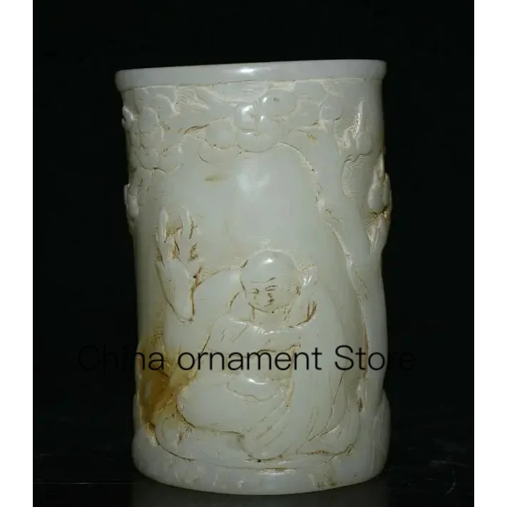 

4.8” Rare Old Chinese White Jade Handmade Dynasty Luohan Arhat Deer Brush Pot