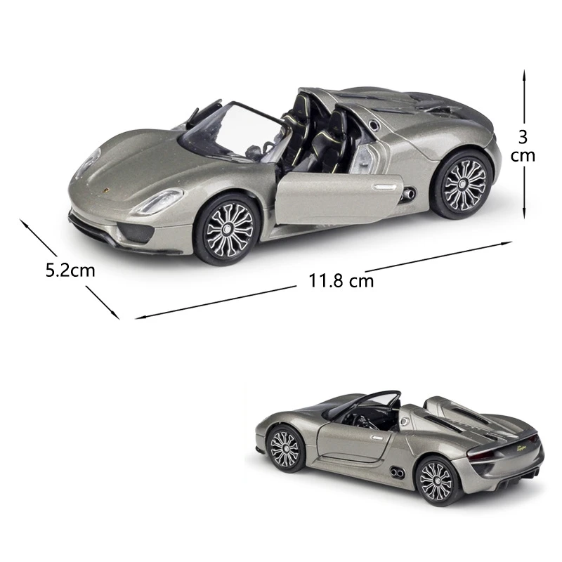 1/36 Porsche 918 Spyder Convertible Toy Car Model For Children RMZ CiTY Welly Diecast Miniature Pull Back Collection Gift Boys 6