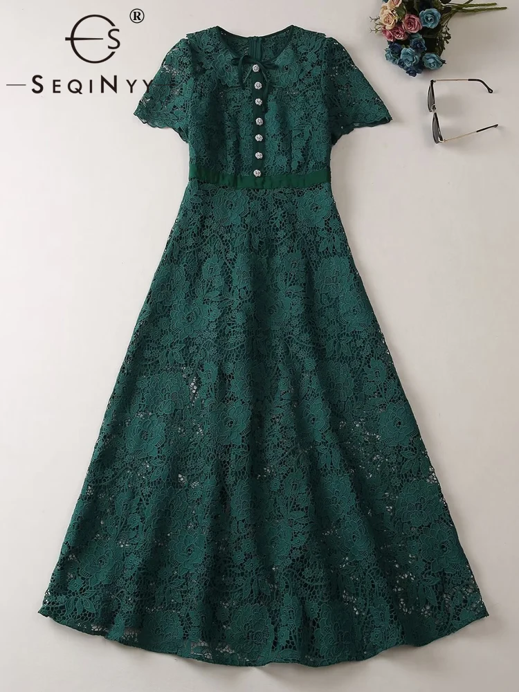 

SEQINYY Green Lace Dress Summer Spring New Fashion Design Women Runway High Street Vintage Flowers A-Line Midi Elegant