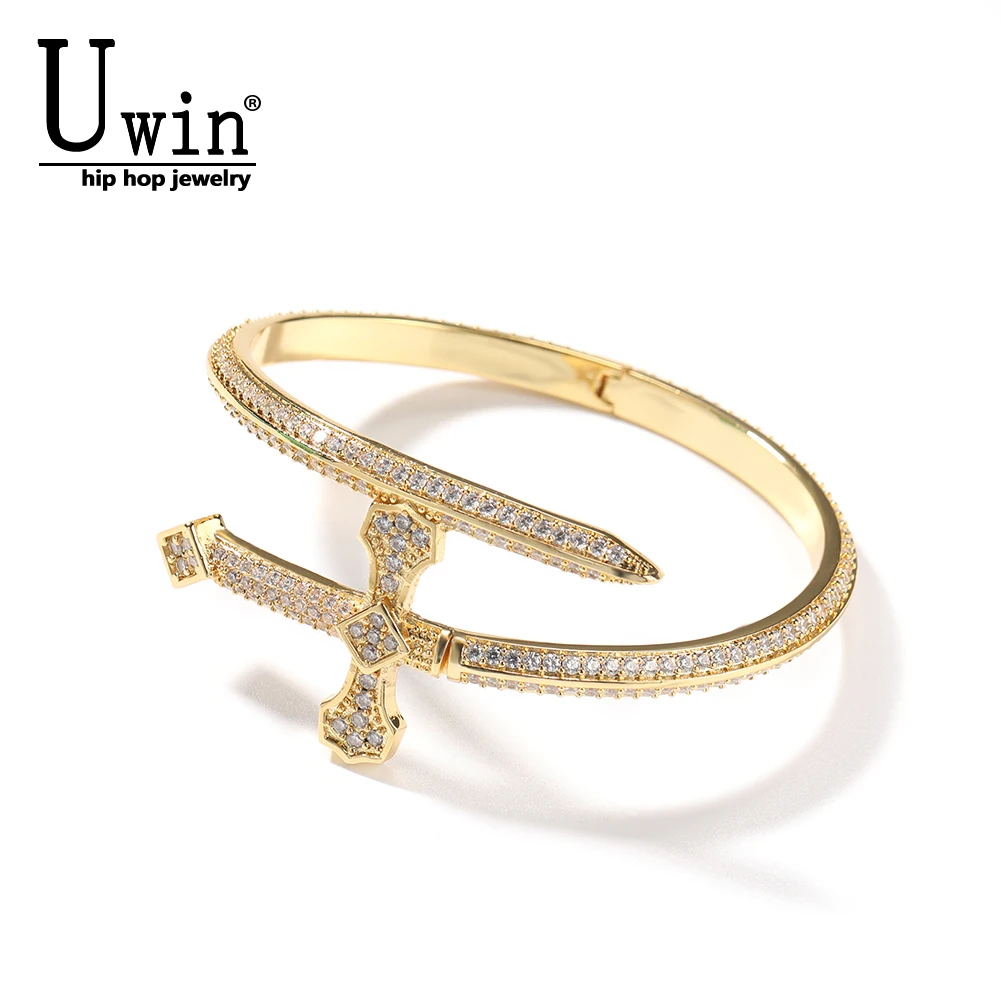 

Uwin Open Sword Cuff Bangle Cross Bracelets Micro Pave Iced Out Cubic Zirconia Personalized Gift For Woman Man Hip Hop Jewelry