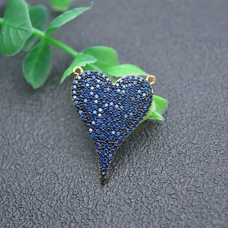 3pcs Luxury Blue Yellow Black Color CZ Beads Paved Heart Pendant for Women DIY Jewelry Necklace Making Supplies