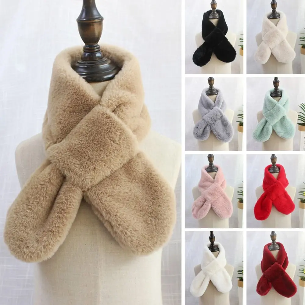 

Solid Color Cross Scarf Winter Warm Faux Rabbit Fur Plush Thicken Neck Scarf Shawl Boys