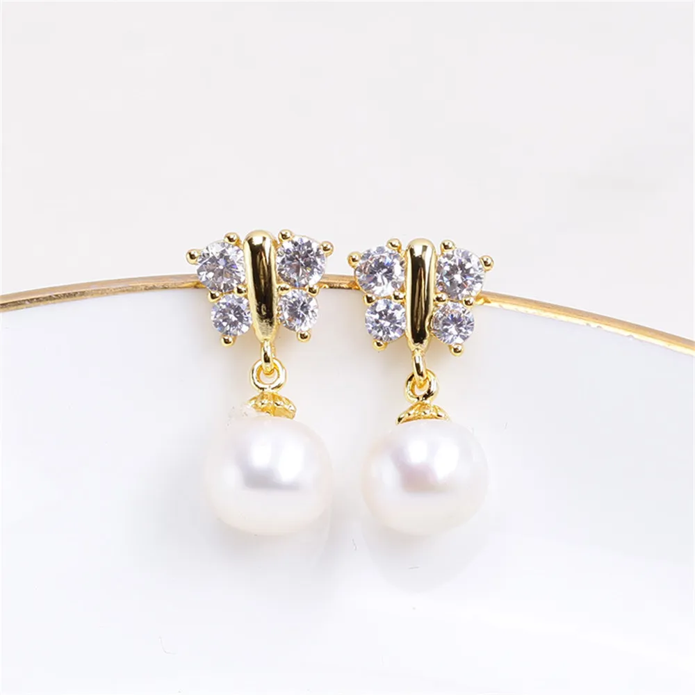 Domestic 14k Gold Plated Color Preserving Butterfly Zircon Pearl Hollow Earrings DIY Accessories, Simple Female