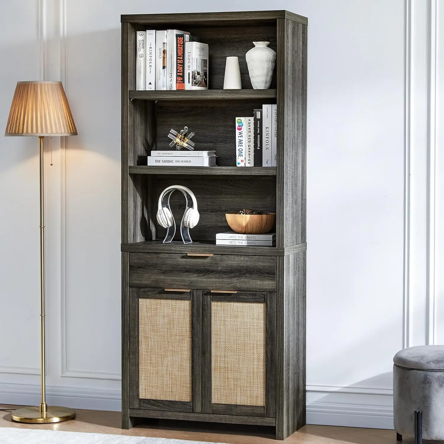 

Hampstead Bookcase, Rattan Bookcases with Doors Cabinet, 5-Tier Bookshelf, Large Wooden Book Case, Farmhouse Bookshelves