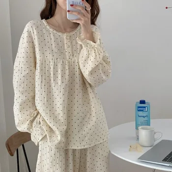Women Cute Long-Sleeved Trousers Curry Polka Dot Printed Nightwear Homewear Spring and Fall Ladies Casual Sleepwear Loungewear 1